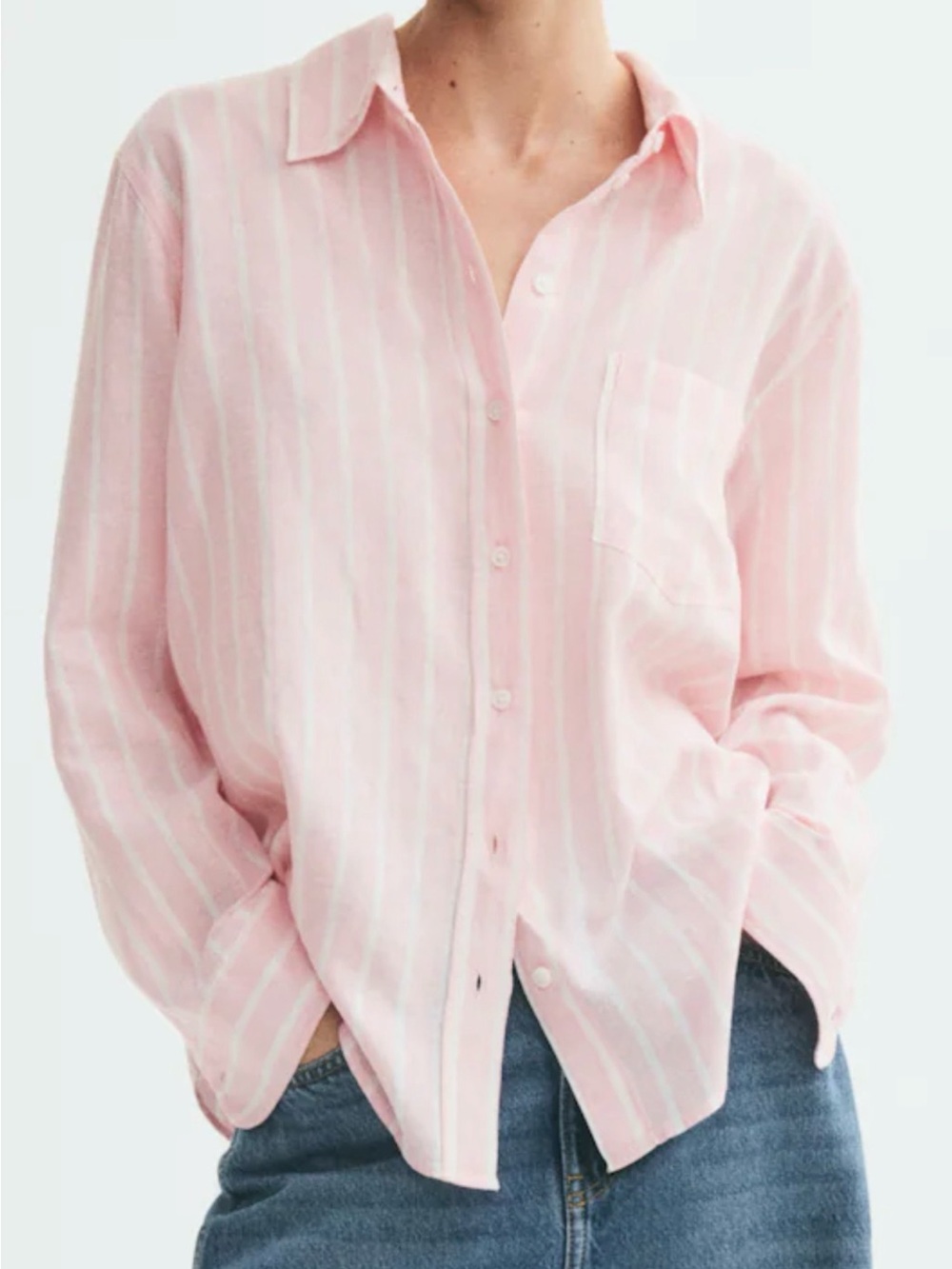H&M Light Pink and White Striped Linen Blend Women's Button-Down Shirt - XXS
